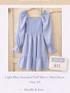Light Blue Smocked Puff Sleeve Mini Dress | XS | Cottagecore